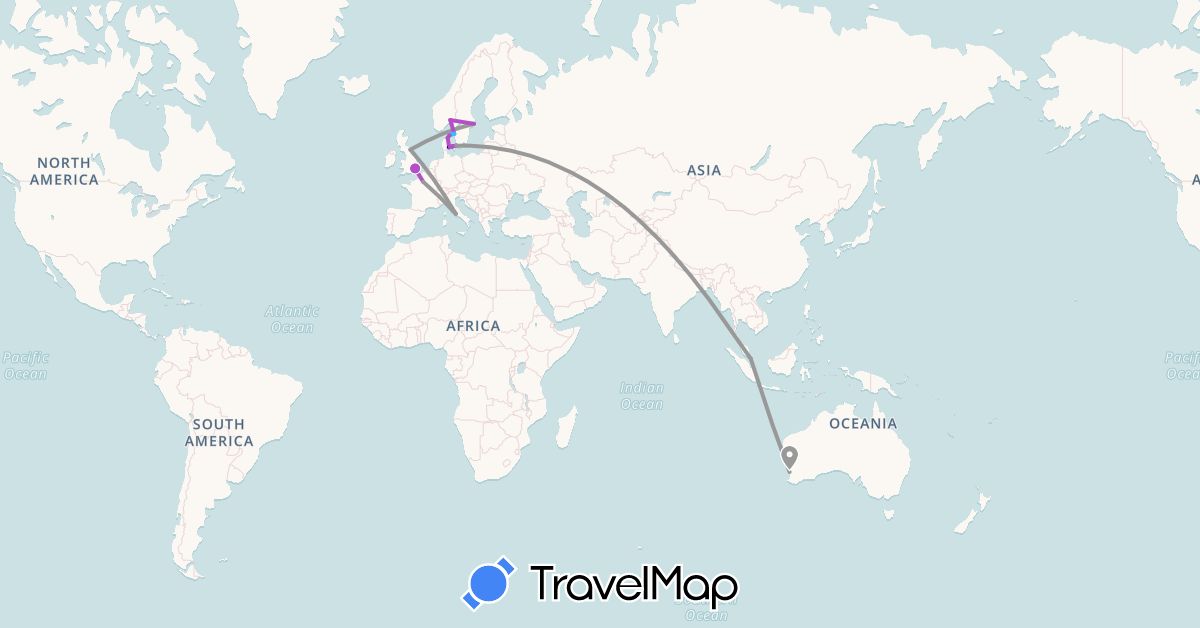 TravelMap itinerary: driving, plane, train, boat in Australia, Denmark, France, United Kingdom, Italy, Norway, Sweden, Singapore (Asia, Europe, Oceania)